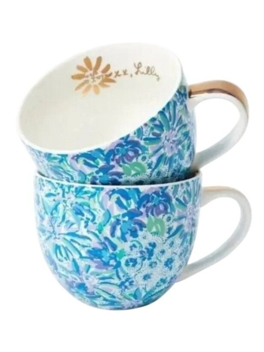 Lilly Pulitzer Mugs Ceramic 12oz  Blue Floral Set of 2 Coffee Tea Cocoa Classic